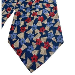 MONDO UOMO 100% Silk Tie Blue Red Floral Geometric Pattern Handmade Italy Office